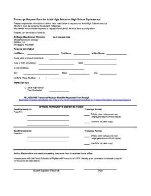 Fillable Online Transcript Request Form for Adult High School or High ...