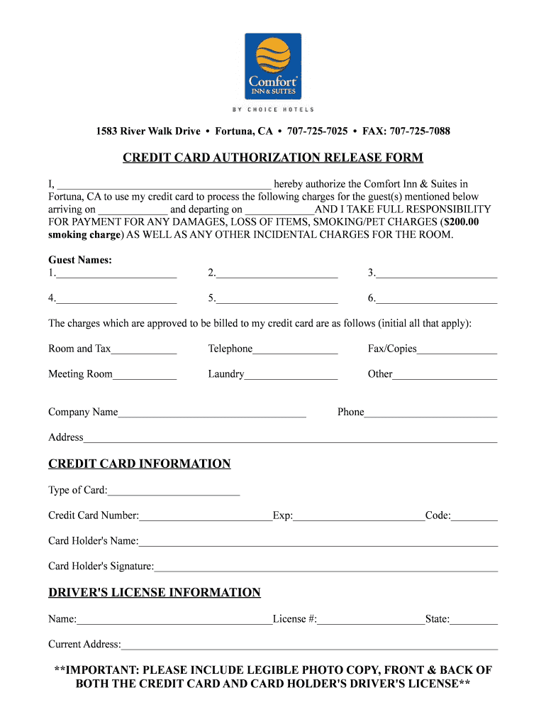 comfort inn credit card authorization Preview on Page 1