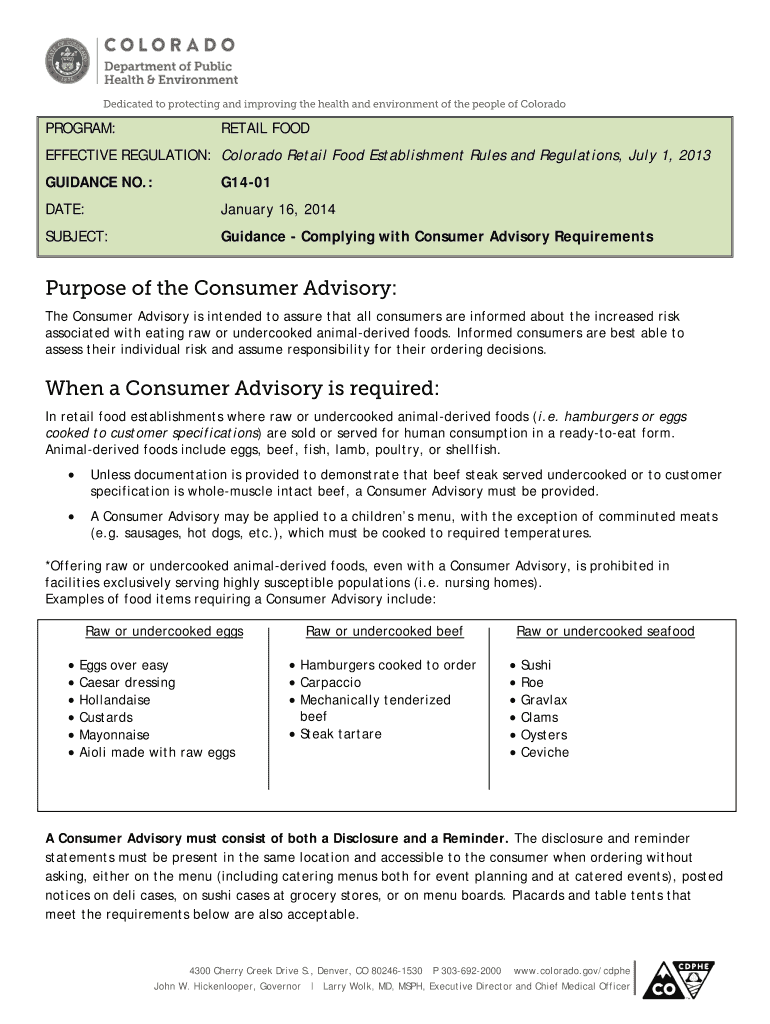 Fillable Online EFFECTIVE REGULATION Colorado Retail Food