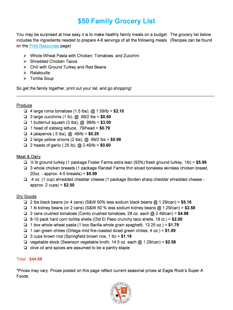 Fillable Online 50 Family Grocery List Fax Email Print pdfFiller