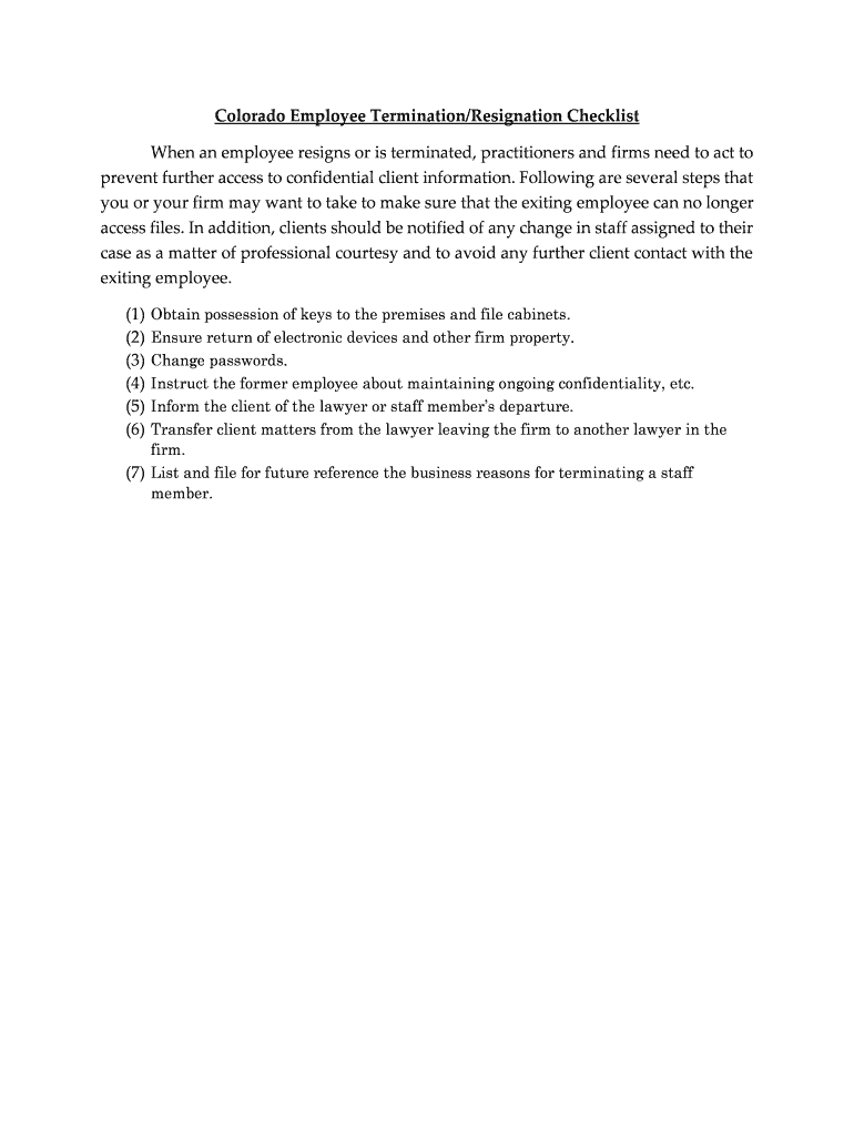 Fillable Online Colorado Employee Termination/Resignation Checklist Fax
