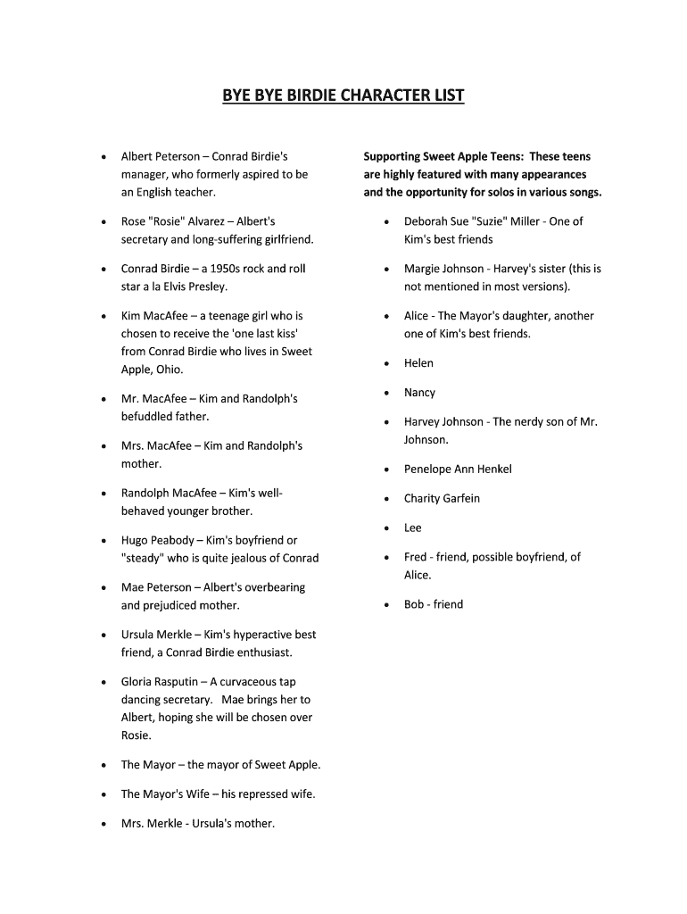 Bye Bye Birdie Character Descriptions - Fill Online, Printable ...