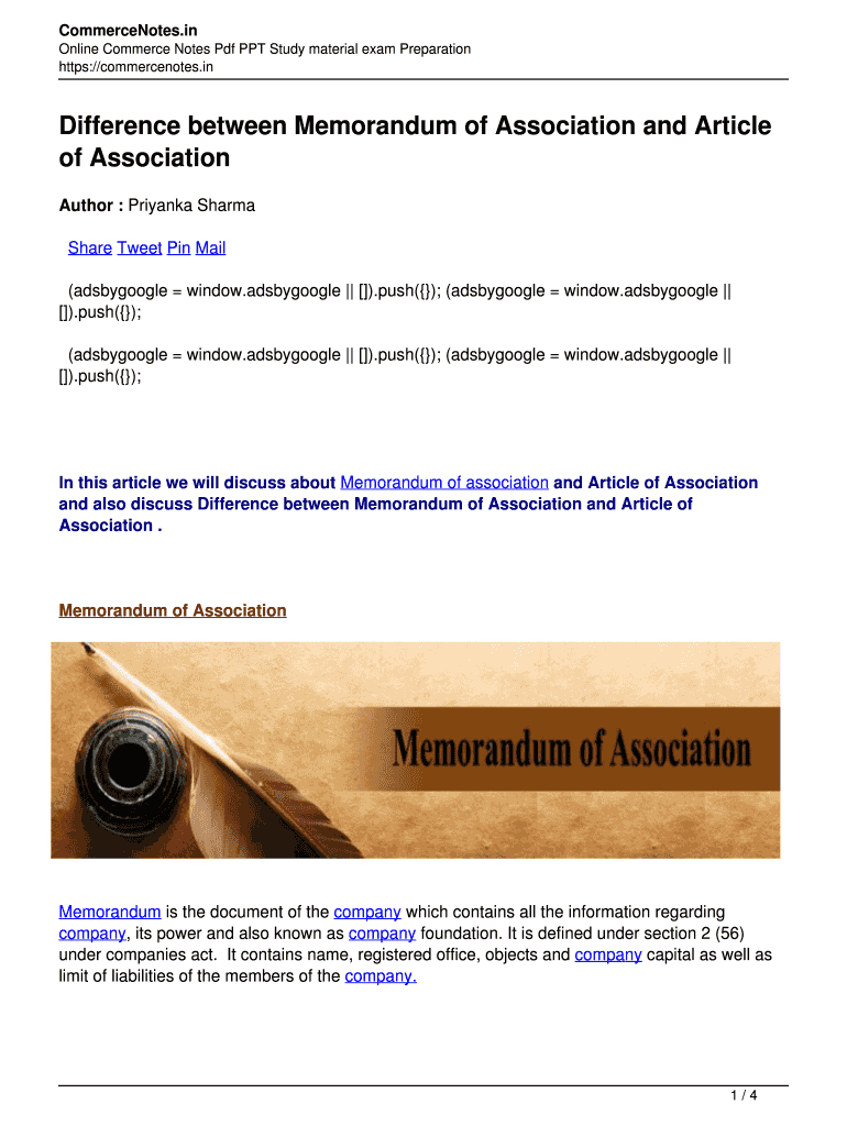 Fillable Online Difference between Memorandum of Association and