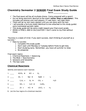 Chemistry Semester 2 SENIOR Final Exam Study Guide