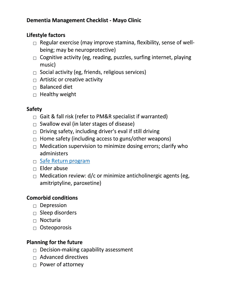 Fillable Online Dementia Management Checklist - Mayo Clinic Fax Email ...