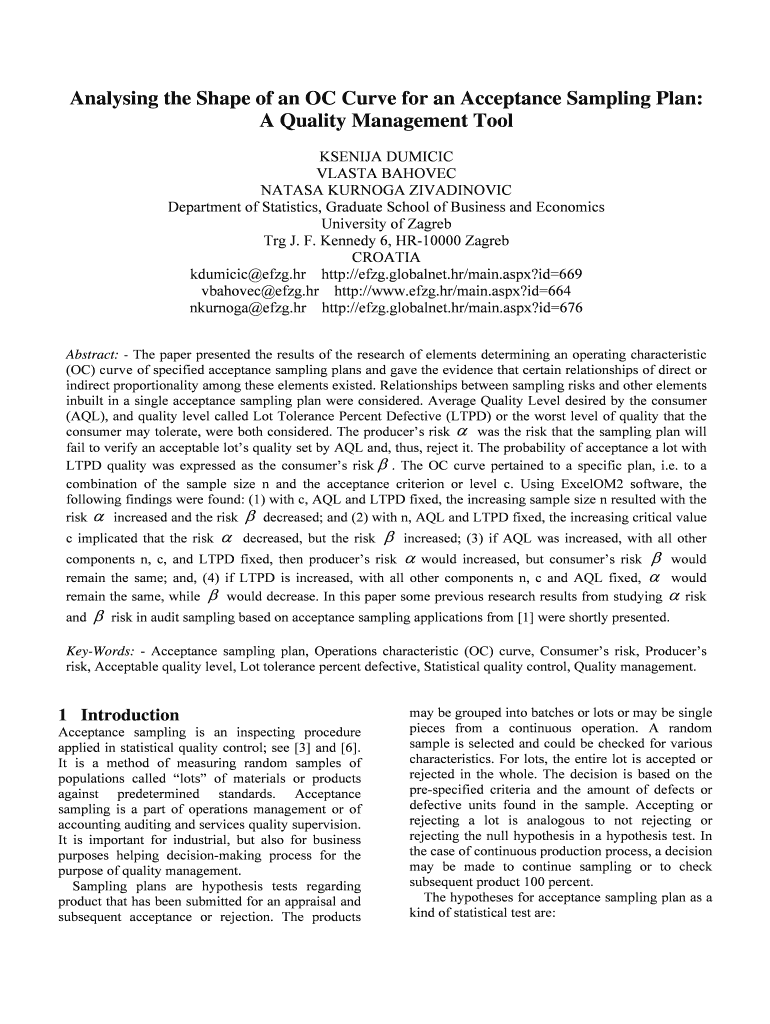 Fillable Online Analysing the Shape of an OC Curve for an Acceptance ...