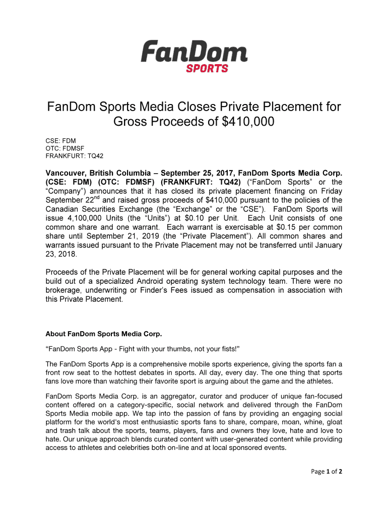 Fillable Online FanDom Sports Media Closes Private Placement for Fax