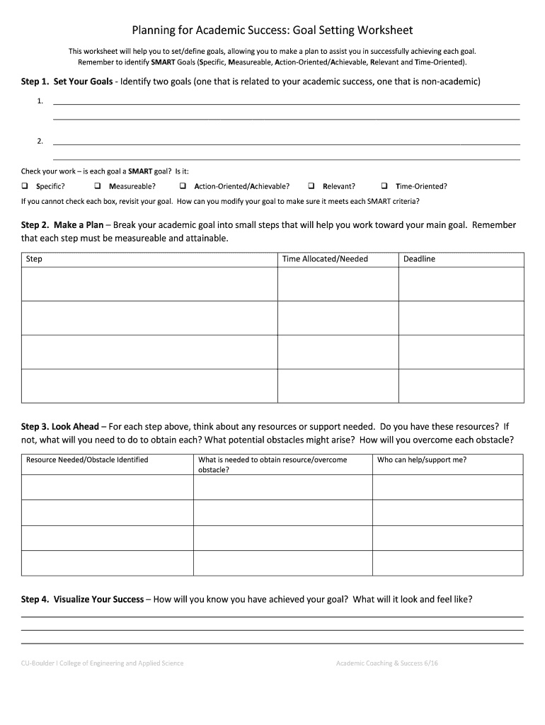 Fillable Online Planning for Academic Success Goal Setting Worksheet