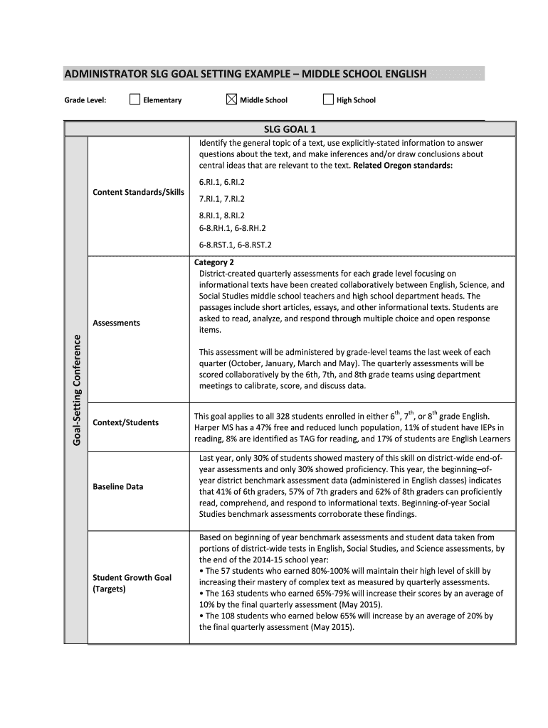 Fillable Online ADMINISTRATOR SLG GOAL SETTING EXAMPLE MIDDLE SCHOOL