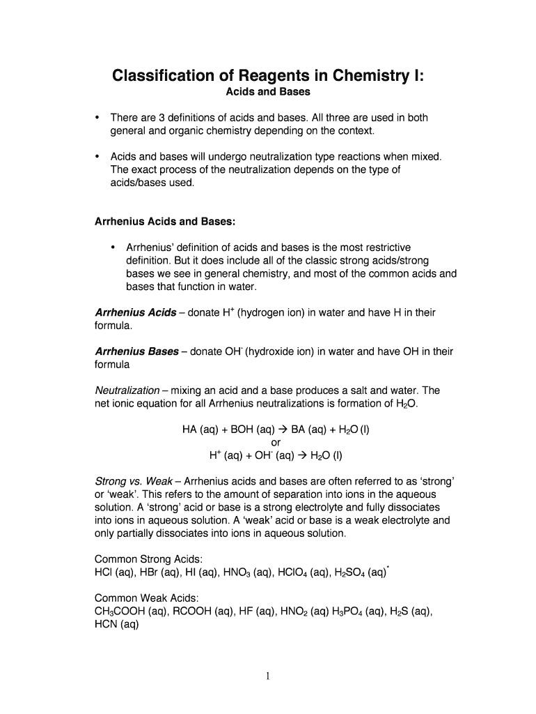 Fillable Online Classification of Reagents in Chemistry I: Fax Email ...