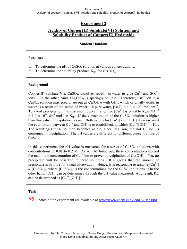 Fillable Online Acidity of copper(II) sulphate(VI) solution and solubility product of copper(II