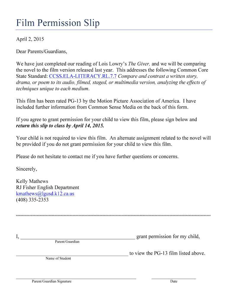 Fillable Online Film Permission Slip Fax Email Print pdfFiller