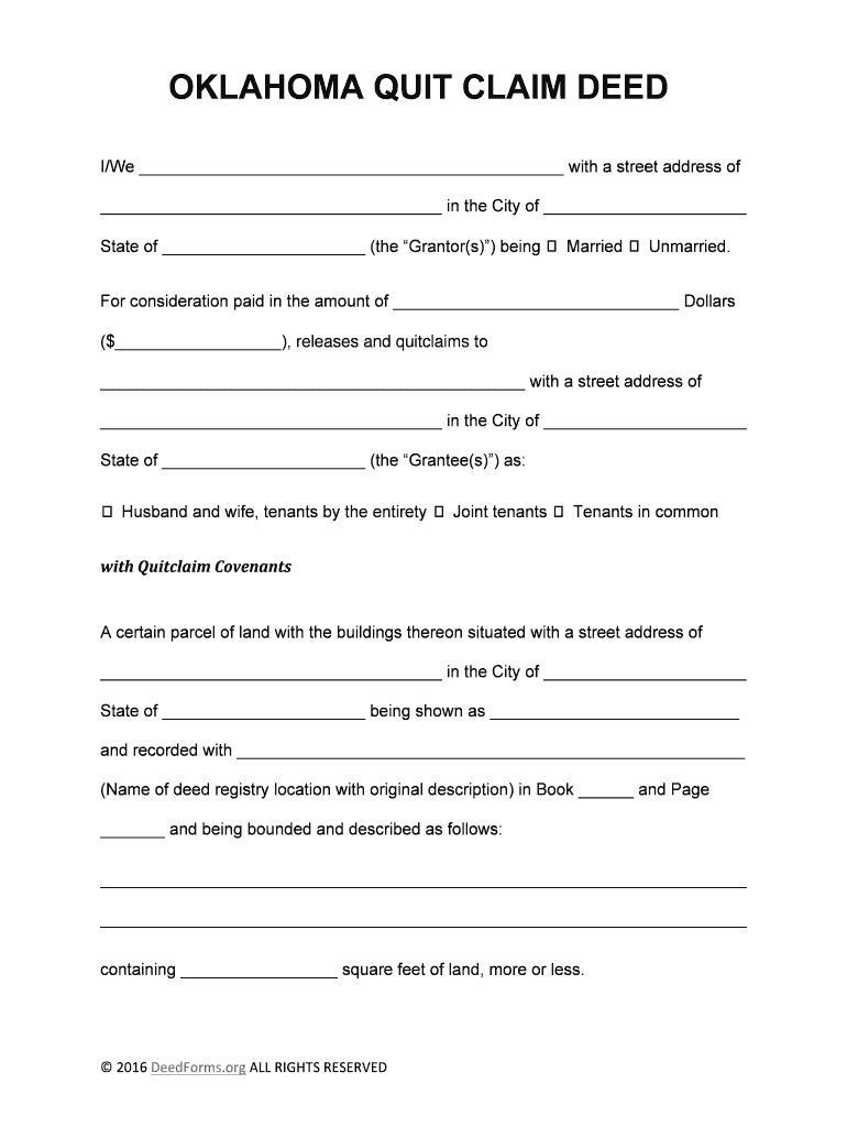 Fillable Online OKLAHOMA QUIT CLAIM DEED Fax Email Print - pdfFiller
