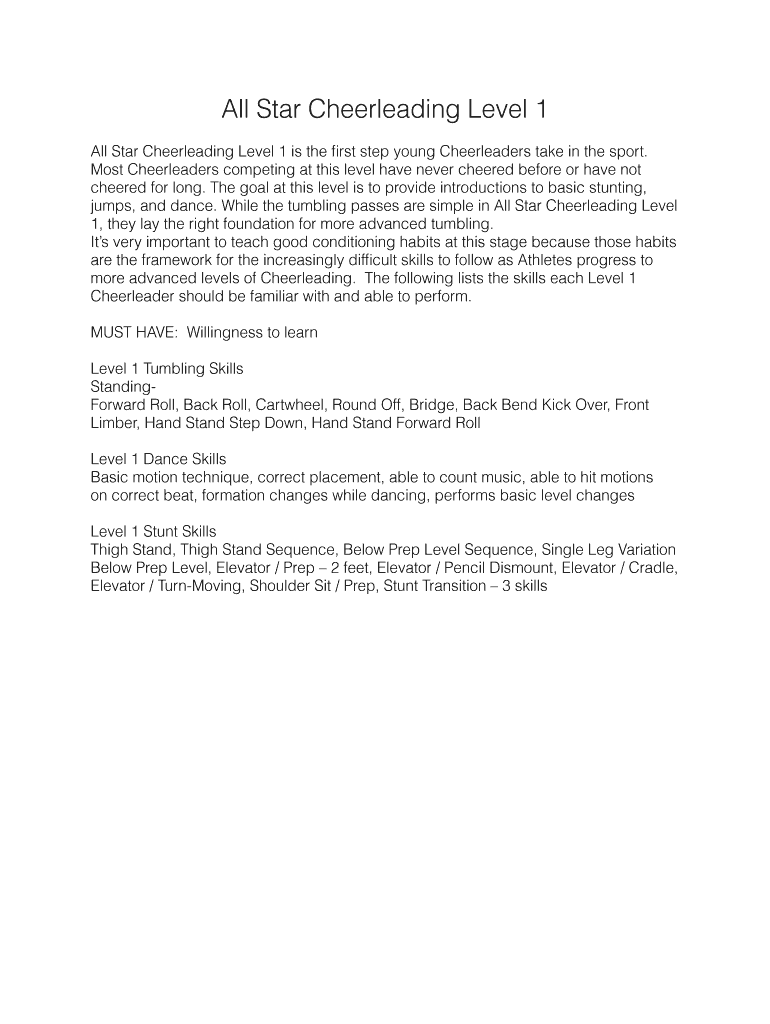 Fillable Online All Star Cheerleading Level 1 Fax Email Print pdfFiller