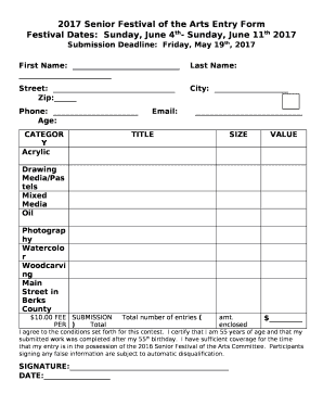 2017 Senior Festival of the Arts Entry Form
