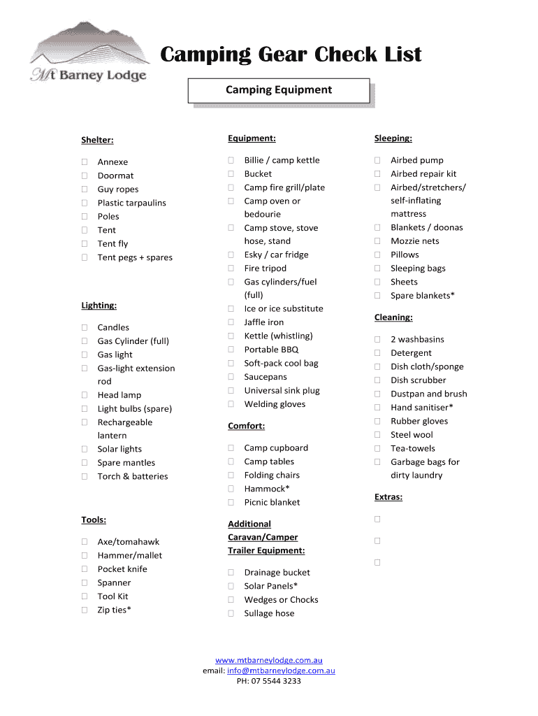 Fillable Online Camping Gear Check List Fax Email Print pdfFiller