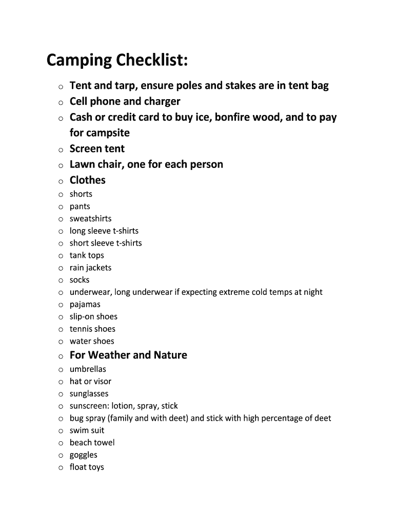 Fillable Online Camping Checklist: Fax Email Print - pdfFiller