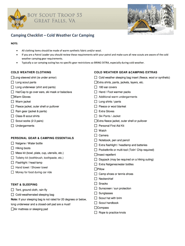 Fillable Online Camping Checklist Cold Weather Car Camping Fax Email