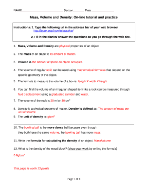 density mass volume worksheet with answers pdf Doc Template | pdfFiller