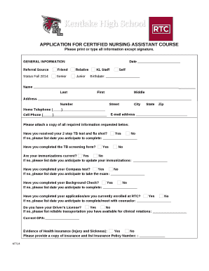 APPLICATION FOR CERTIFIED NURSING ASSISTANT COURSE