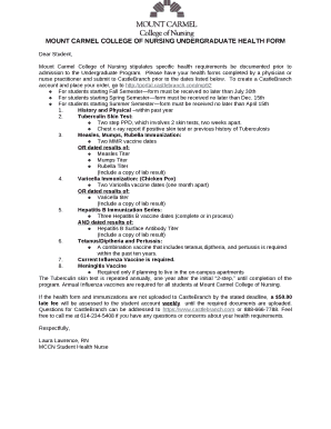 Mount Carmel College of Nursing stipulates specific health requirements be documented prior to admission to the Undergraduate Program