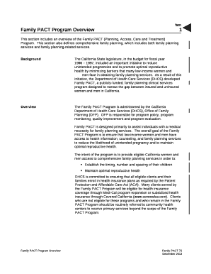 This section includes an overview of the Family PACT (Planning, Access, Care and Treatment)