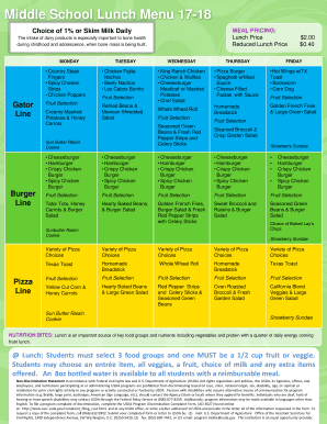Fillable Online Middle School Lunch Menu 17-18 Fax Email Print - pdfFiller