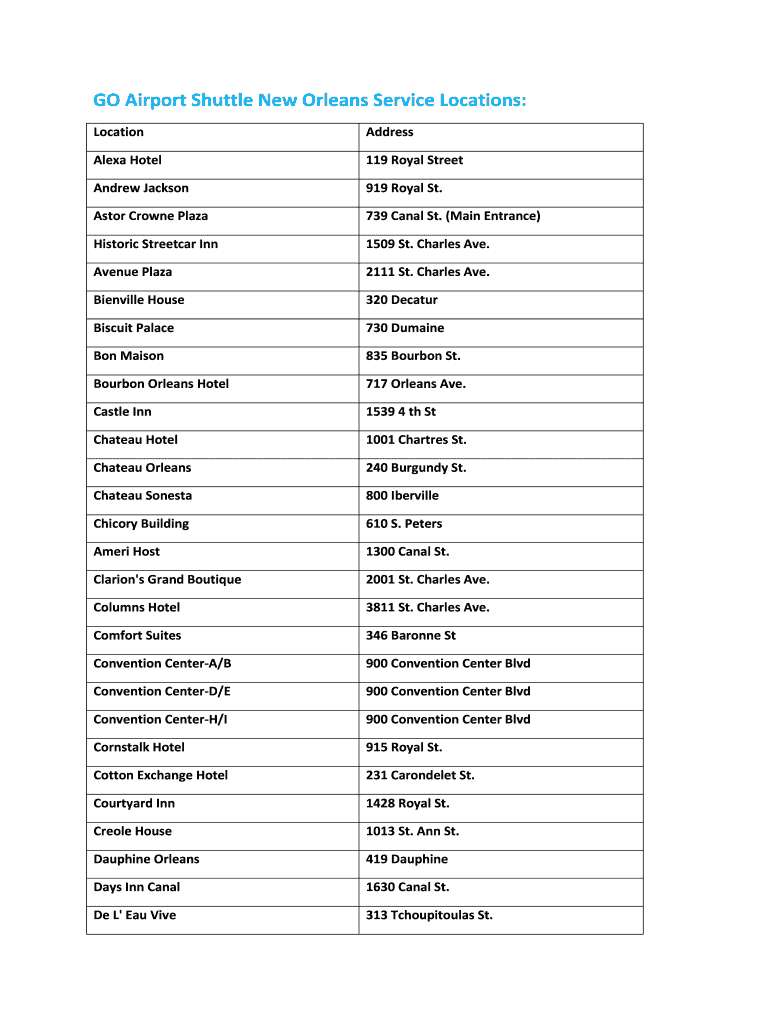 Fillable Online GO Airport Shuttle New Orleans Service Locations Fax