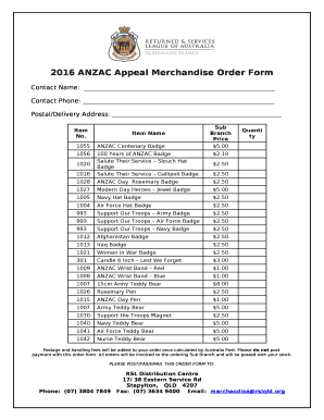 2016 ANZAC Appeal Merchandise Order Form