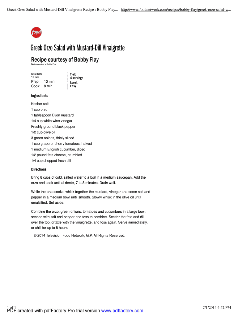 Fillable Online Greek Orzo Salad with MustardDill Vinaigrette Recipe Bobby Flay Fax Email