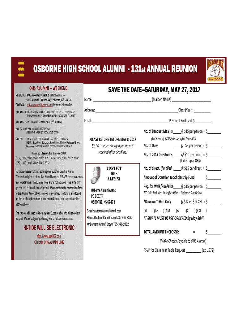 Fillable Online OSBORNE HIGH SCHOOL ALUMNI 131st ANNUAL REUNION Fax