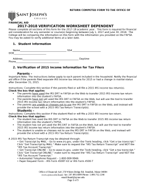 2017-2018 VERIFICATION WORKSHEET DEPENDENT
