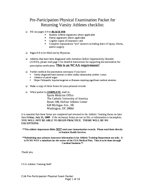 Pre-Participation Physical Examination Packet for Returning Varsity Athletes checklist: