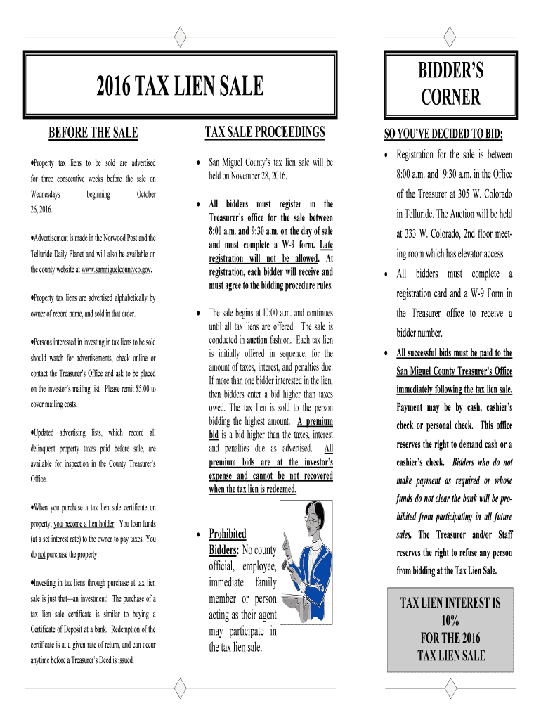 Fillable Online 2016 TAX LIEN SALE Fax Email Print pdfFiller