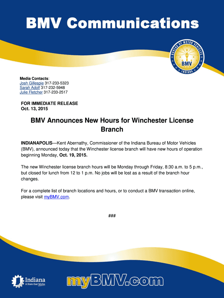 Fillable Online BMV Announces New Hours for Winchester License Fax
