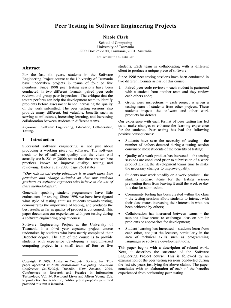 Fillable Online Peer Testing in Software Engineering Projects Fax Email