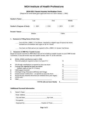 2010-2011 Parent Income Verification Form