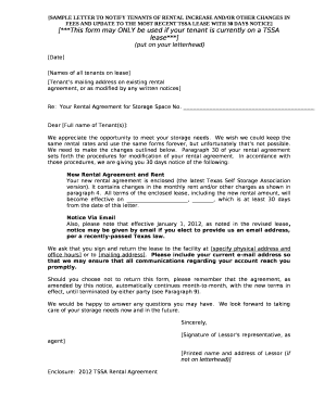 SAMPLE LETTER TO NOTIFY TENANTS OF RENTAL INCREASE AND/OR OTHER CHANGES IN FEES AND UPDATE TO THE MOST RECENT TSSA LEASE WITH 30 DAYS NOTICE