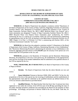 RESOLUTION OF THE BOARD OF SUPERVISORS OF NAPA COUNTY, STATE OF CALIFORNIA, CALLING SPECIAL ELECTION