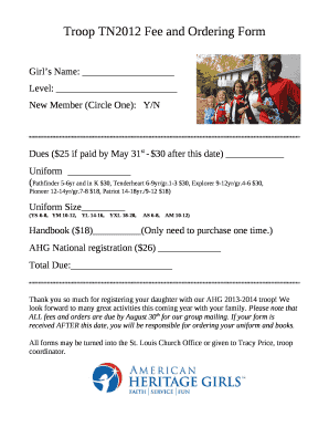 Troop TN2012 Fee and Ordering Form