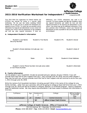 2015-2016 Verification Worksheet for Independent Students