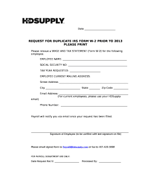 REQUEST FOR DUPLICATE IRS FORM W-2 PRIOR TO 2013