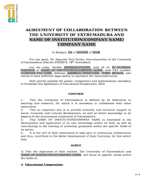 AGREEMENT OF COLLABORATION BETWEEN THE UNIVERSITY OF EXTREMADURA AND NAME OF INSTITUTION/COMPANY NAME/ COMPANY NAME