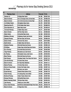 Pharmacy list for Harrow Stop Smoking Service 2013