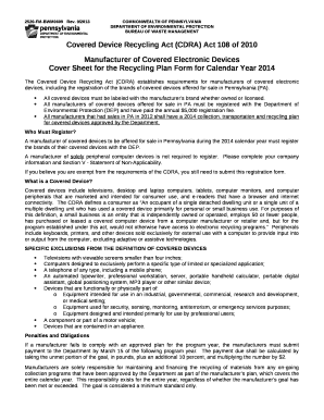 Cover Sheet for the Recycling Plan Form for Calendar Year 2014