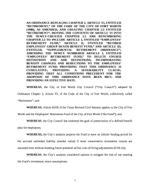 AN ORDINANCE REPEALING CHAPTER 2, ARTICLE VI, ENTITLED RETIREMENT, OF THE CODE OF THE CITY OF FORT WORTH (1986), AS AMENDED, AND CREATING CHAPTER 2