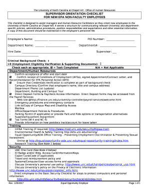 This checklist is designed to assist managers and Human Resource Facilitators as they orient new employees to the University of North Carolina at Chapel Hill