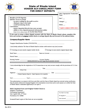 If you want to setup a direct deposit account with the State of Rhode Island, please complete this form and enclose an original voided check or savings deposit slip and forward to the address below