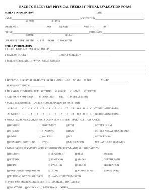 Fillable Online RACE TO RECOVERY PHYSICAL THERAPY INITIAL EVALUATION ...