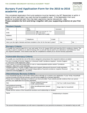 Bursary Fund Application Form for the 2015 to 2016 academic year